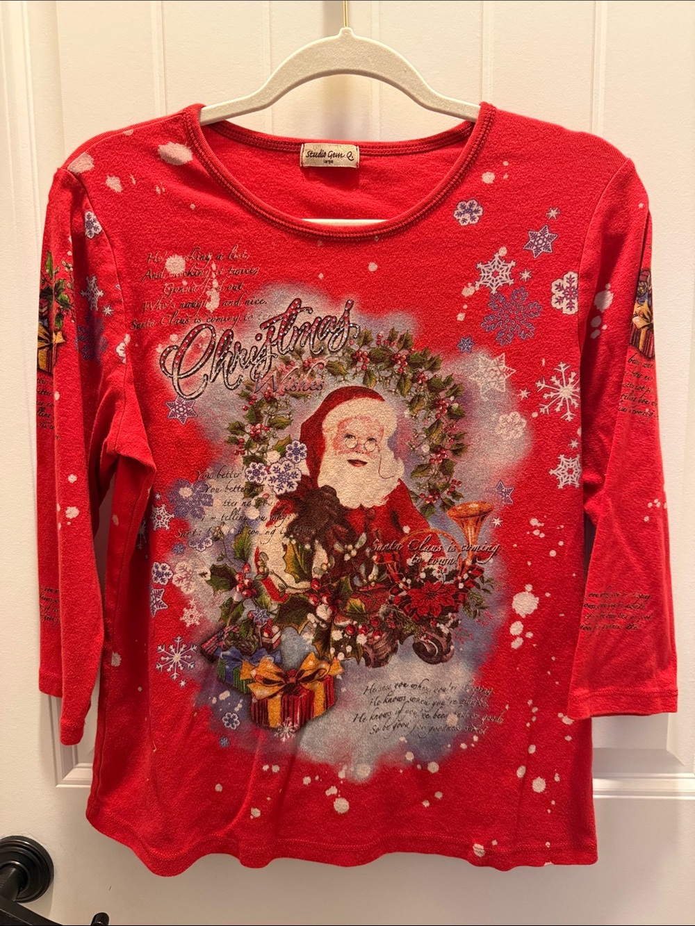 Studio Gem Women’s Jr. Embellished Red Christmas 3/4 Sleeve Graphic Tee (Jr. L)